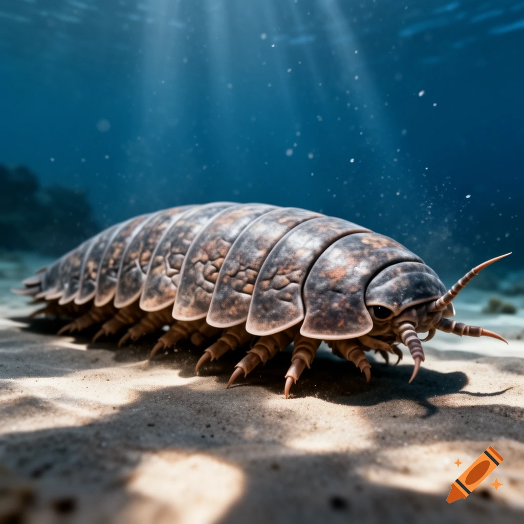 Photorealistic image of a large isopod crawling on a sandy seabed with sunbeams filtering through the blue water.