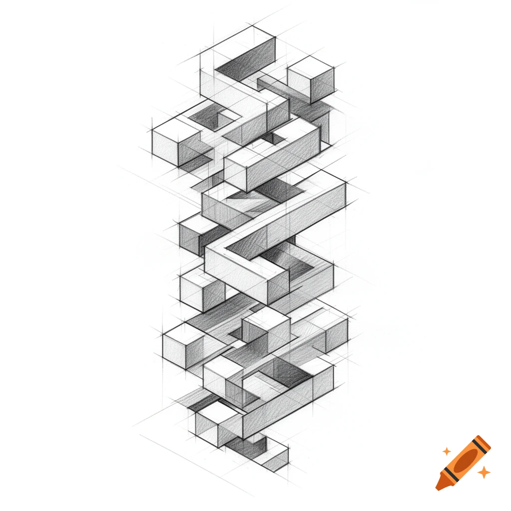 Isometric pencil sketch of a cascading abstract structure formed by cuboidal blocks and voids.