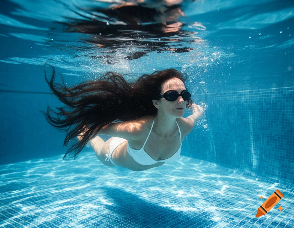 A woman in a white bikini and black goggles swims gracefully underwater in a blue pool, her long dark hair flowing behind her.