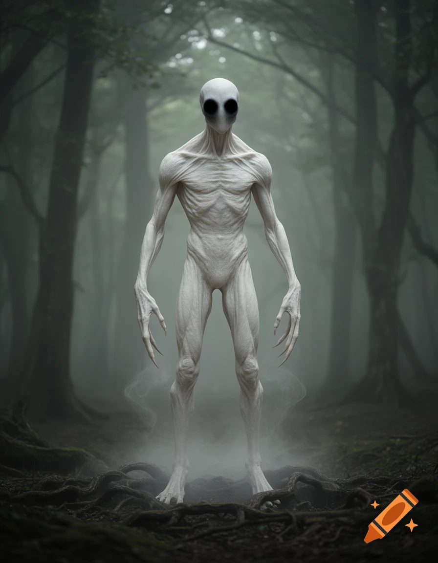 A tall, pale, gaunt monster with black eyes stands in a foggy forest with gnarled roots on the ground.