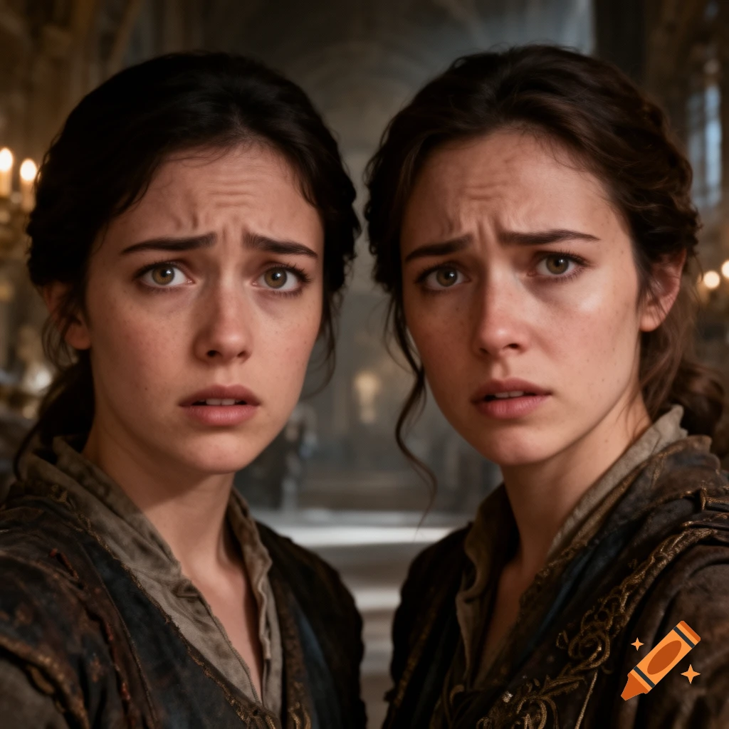 Two young women with uneasy expressions look directly at the camera in a dimly lit, ornate hall. Photorealistic style.