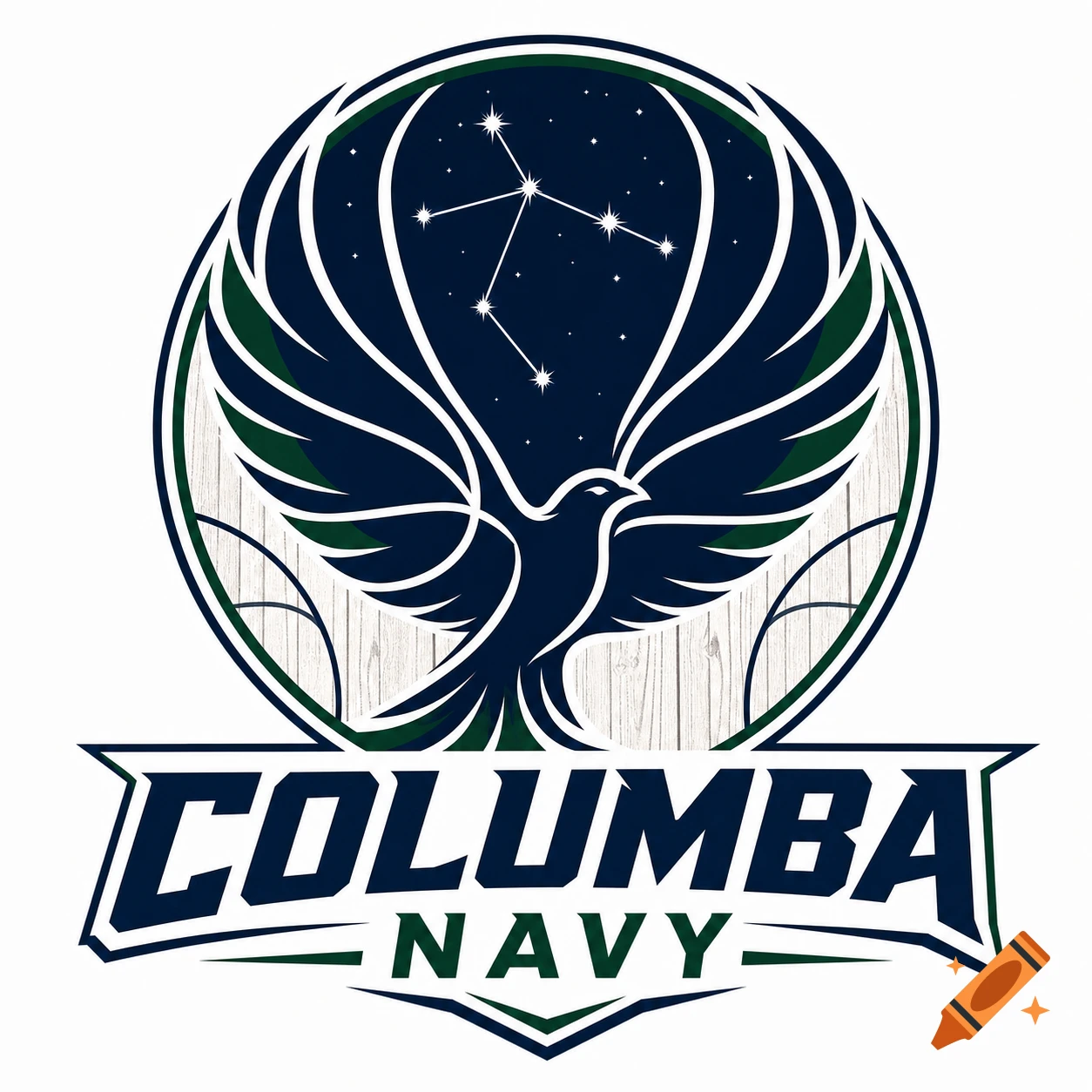 Logo with a dark blue bird with outstretched wings, a constellation, and "COLUMBA NAVY" text in a white wood-textured circle.