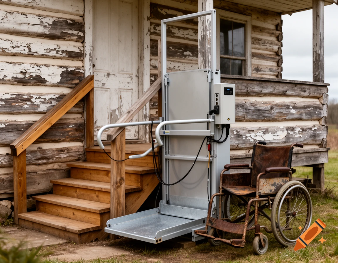 Photorealistic image of an electric wheelchair lift and a rusty wheelchair next to the wooden stairs and weathered log walls of an old country house.