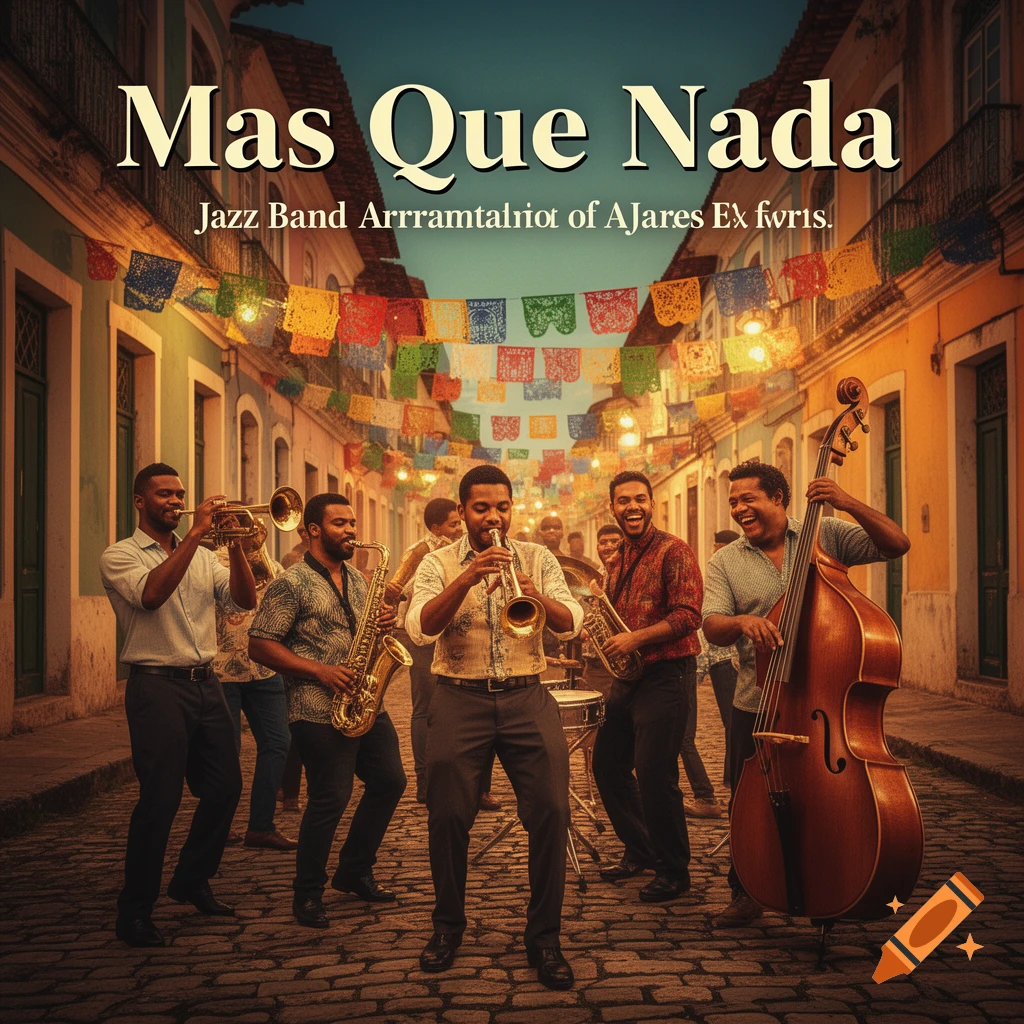 A jazz band with a trumpet player, saxophonist, and double bassist performs on a cobblestone street decorated with colorful flags, under a clear sky. Text at the top reads "Mas Que Nada" and a garbled band name.