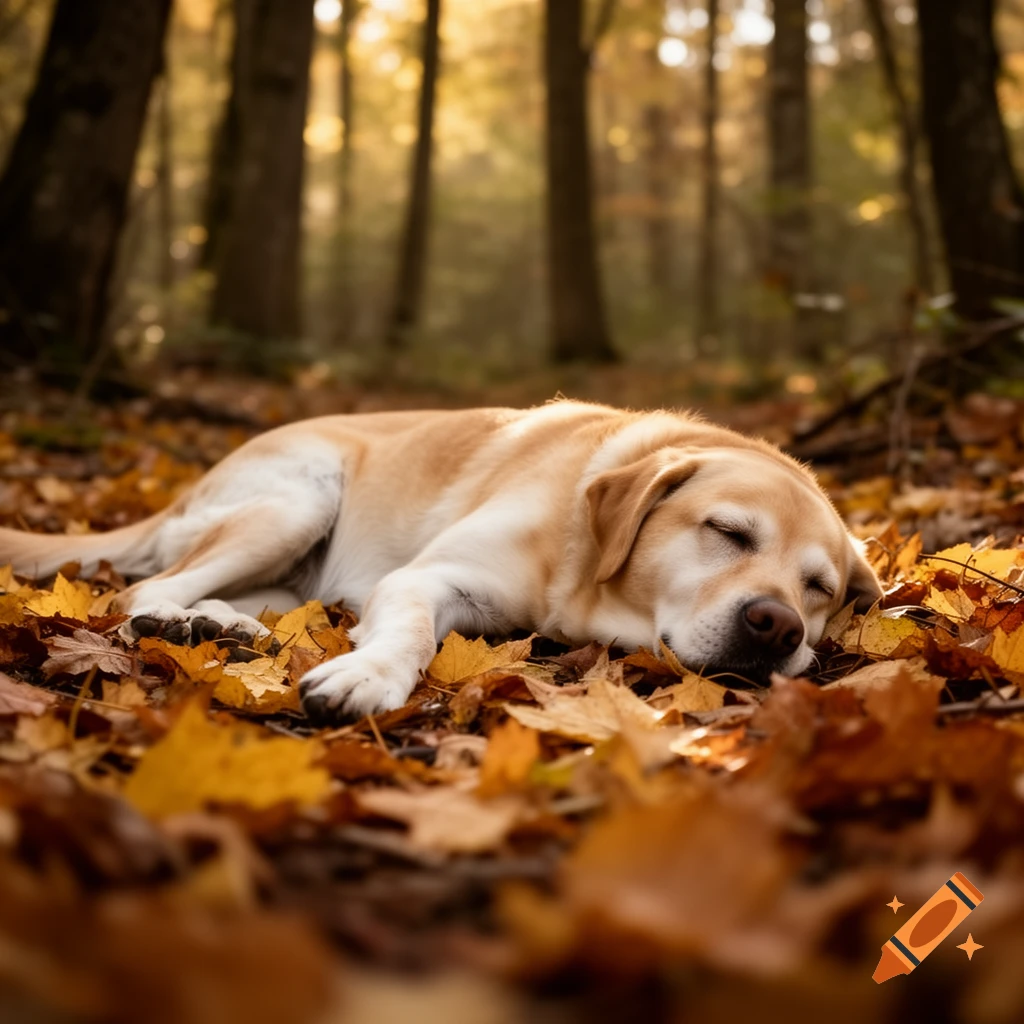 A golden Labrador retriever dog sleeping peacefully on a bed of golden and orange autumn leaves in a sun-dappled forest.