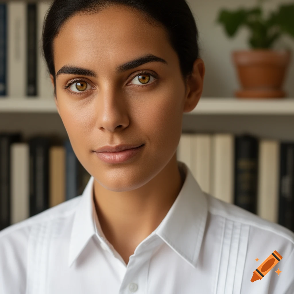 A close-up, photorealistic portrait of a young woman with dark hair and hazel eyes, wearing a white collared shirt, against a blurred background of bookshelves.