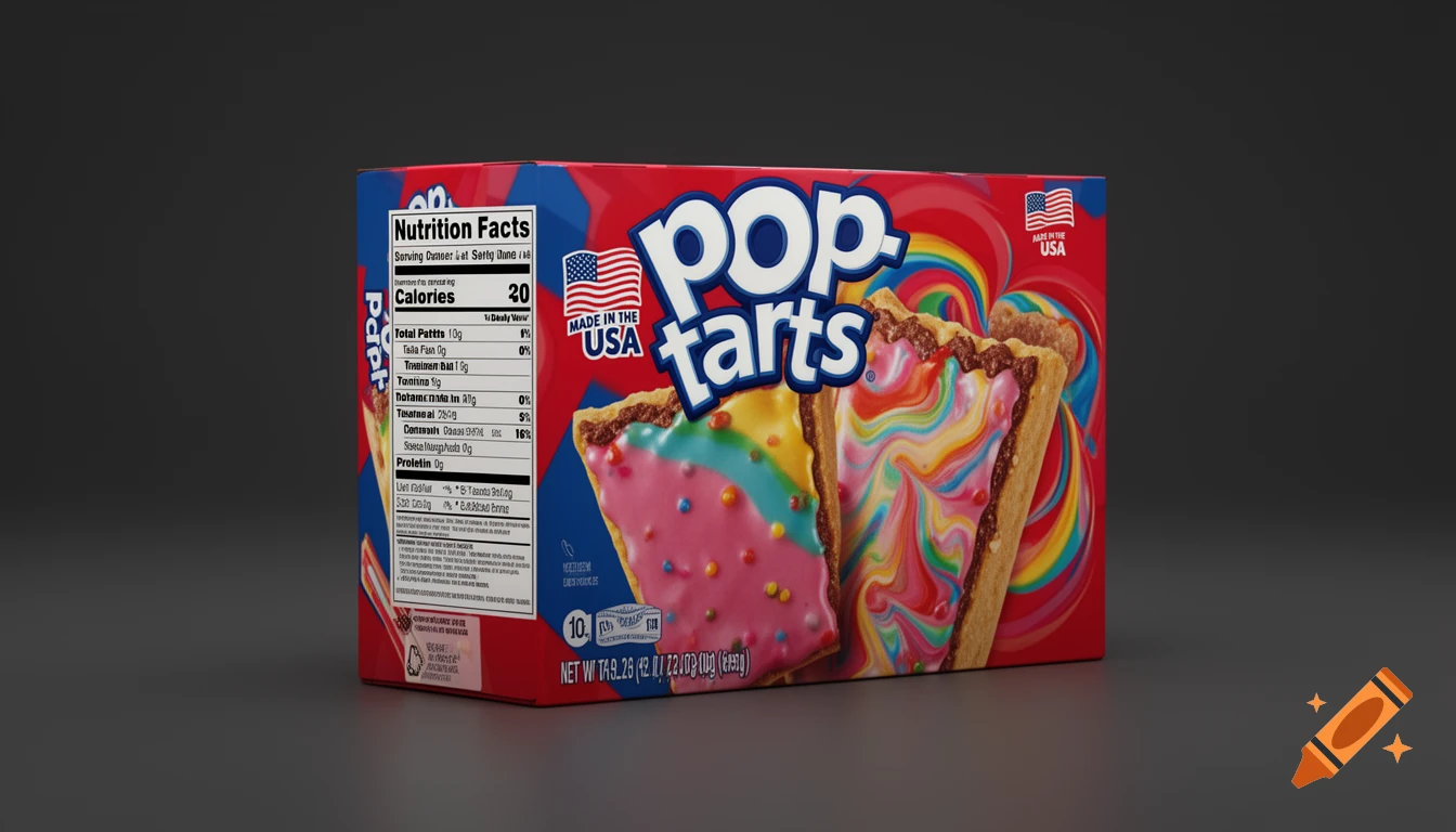 A box of Pop-Tarts featuring colorful, rainbow-frosted pastries and a nutrition facts label, set against a dark background.