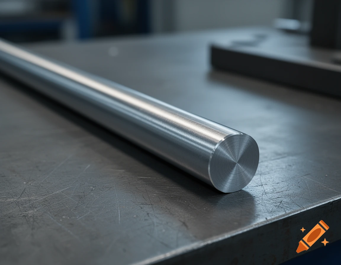 A close-up, photorealistic shot of a shiny, cylindrical metal rod with a brushed end, resting on a scratched metal surface.