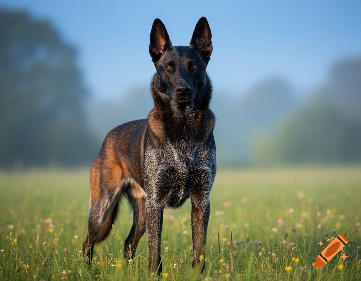 A dark-colored shepherd dog with tan markings stands in a sunlit grassy field with wildflowers under a clear blue sky.