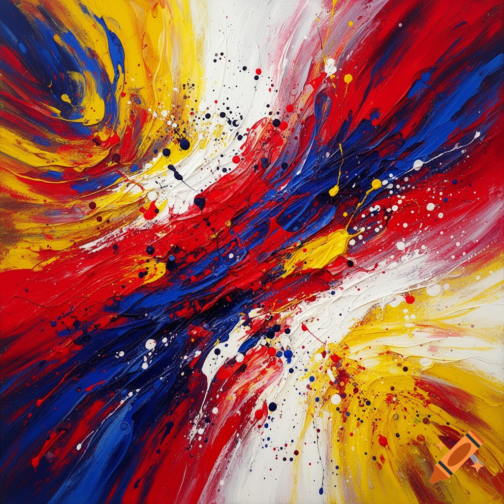 Abstract Expressionist painting with bold, sweeping brushstrokes and dynamic paint splatters in red, blue, yellow, and white.