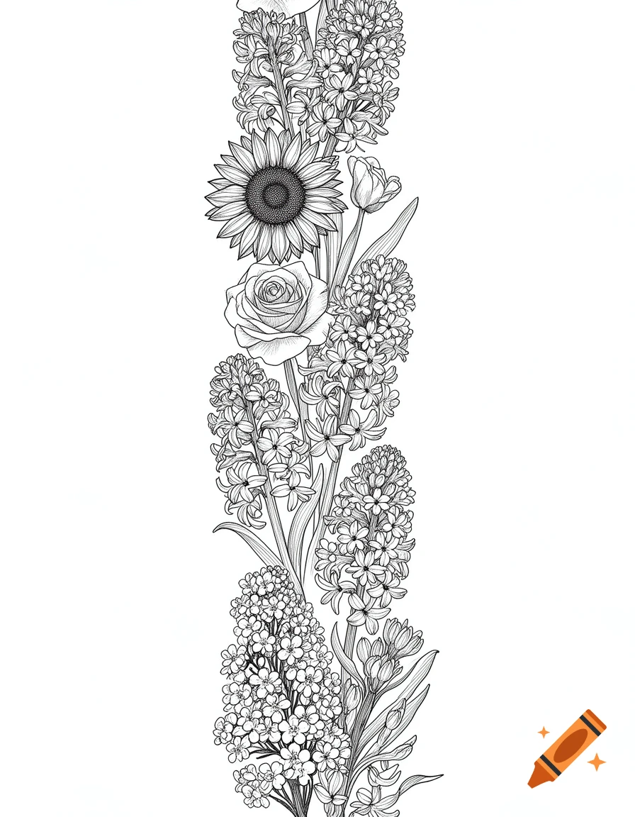 Black and white line art illustration of a vertical floral border featuring sunflowers, roses, hyacinths, and lilacs.
