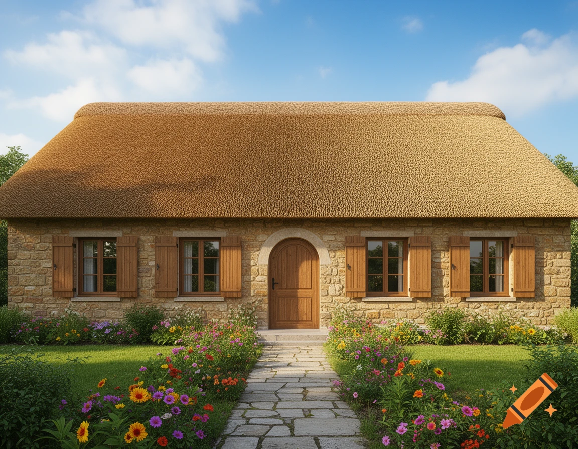 Photorealistic front view of a charming stone house with a thatched roof, surrounded by a colorful flower garden and a stone path under a blue sky.
