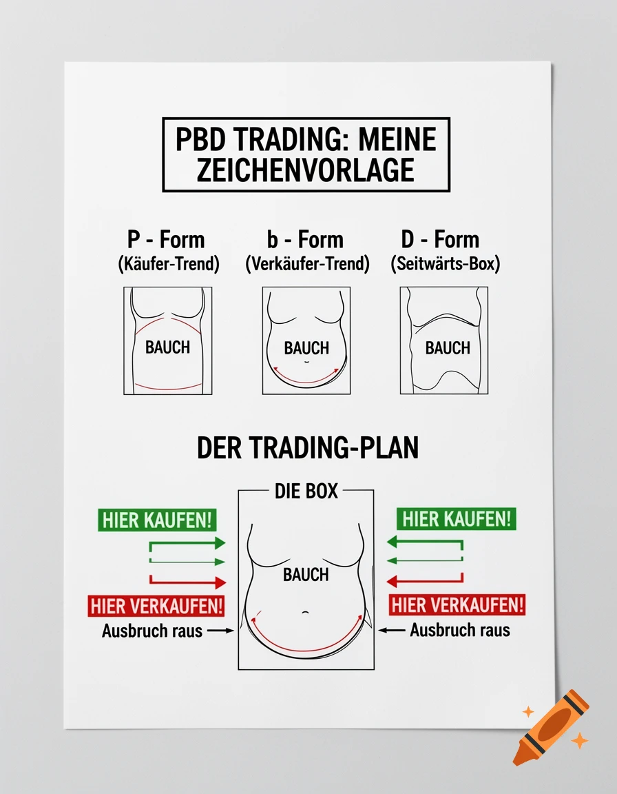A white paper with a German diagram for PBD Trading strategies, showing 'P - Form', 'b - Form', and 'D - Form' with body shape outlines labeled 'BAUCH', and a 'TRADING-PLAN' with 'HIER KAUFEN!' and 'HIER VERKAUFEN!' arrows around another body shape, titled 'DIE BOX'.