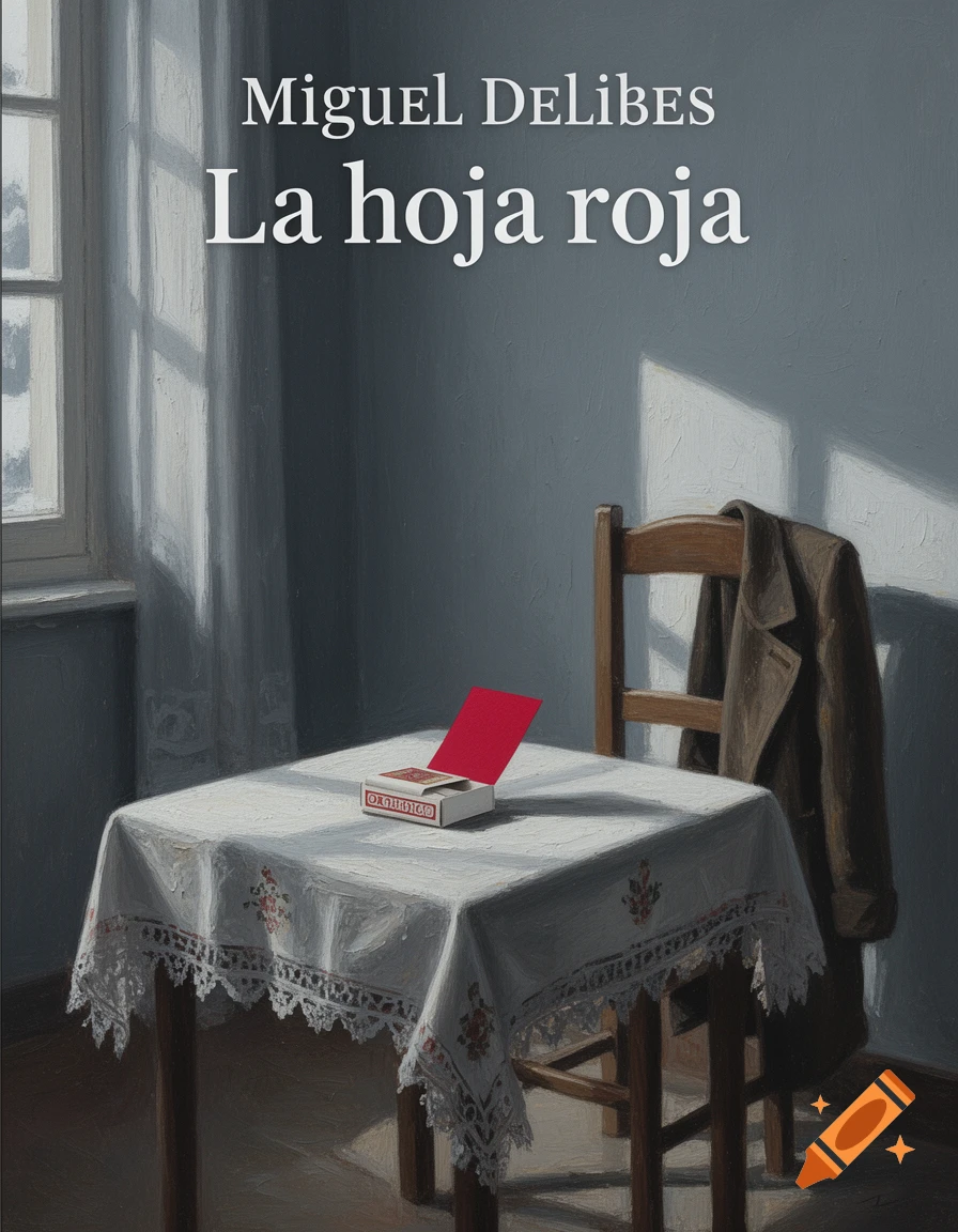 A painting of a book cover for 'La hoja roja' by Miguel Delibes, showing a quiet room with a table, chair, and a matchbox with a red paper leaf.