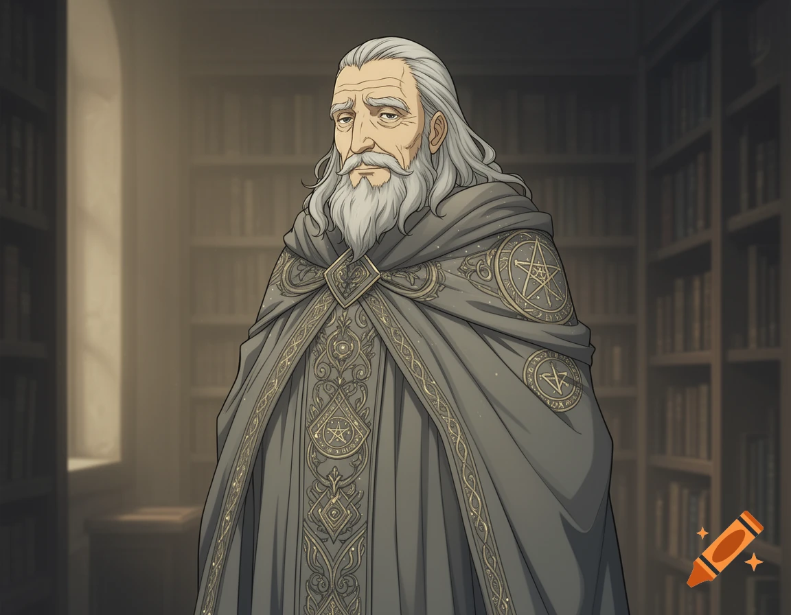 Illustrated old wizard with a long white beard and gray robe adorned with intricate gold symbols, standing in a dim library.