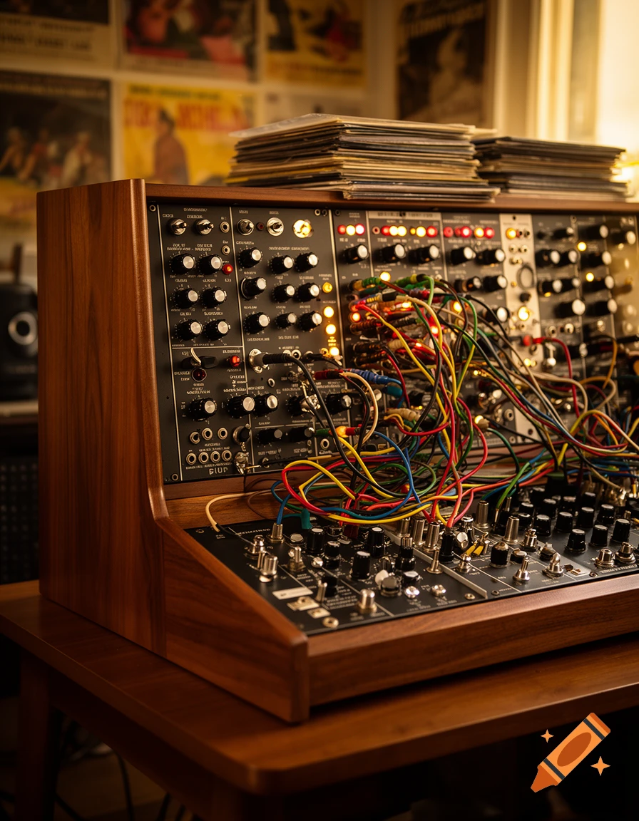A close-up, photorealistic shot of a classic analog modular synthesizer with colorful patch cables, glowing lights, and numerous knobs on a wooden table.