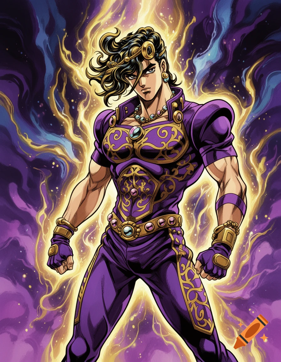 An anime-style drawing of a muscular man with dark curly hair, a gold headband, and a detailed purple and gold ornate outfit, standing against a swirling purple and gold energy background.