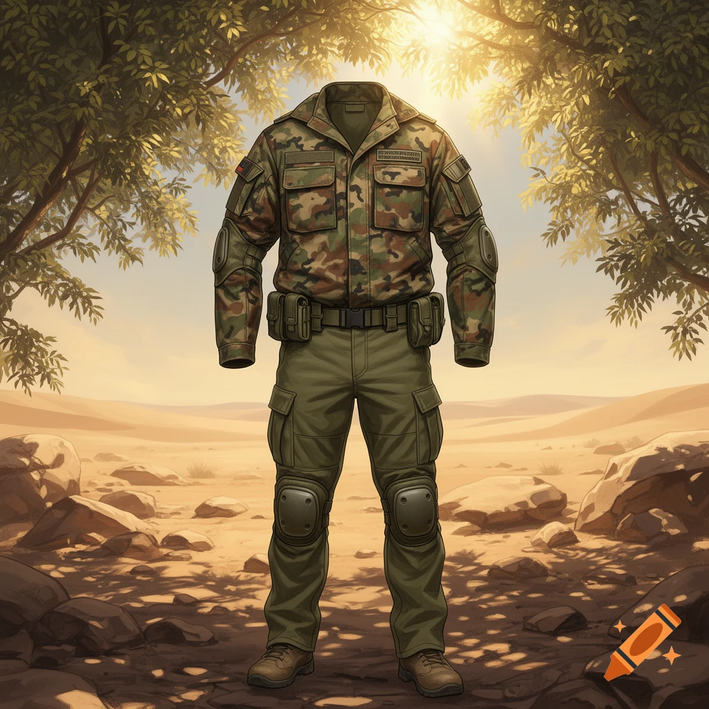 A concept drawing of a military camouflage jacket and olive green pants with knee pads, standing in a sunny desert landscape under trees.
