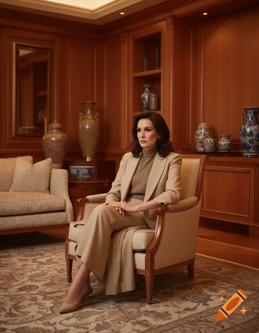 A sophisticated woman in a beige suit sits in an armchair in an elegant wood-paneled room with decorative vases.