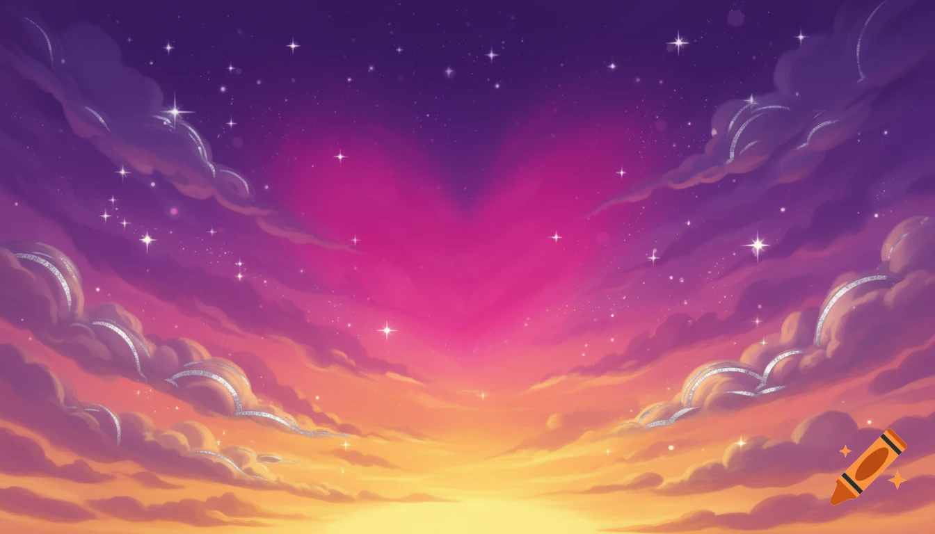 Dreamy fantasy sunset sky with a purple, magenta, and orange gradient, twinkling stars, and stylized clouds with silver accents.