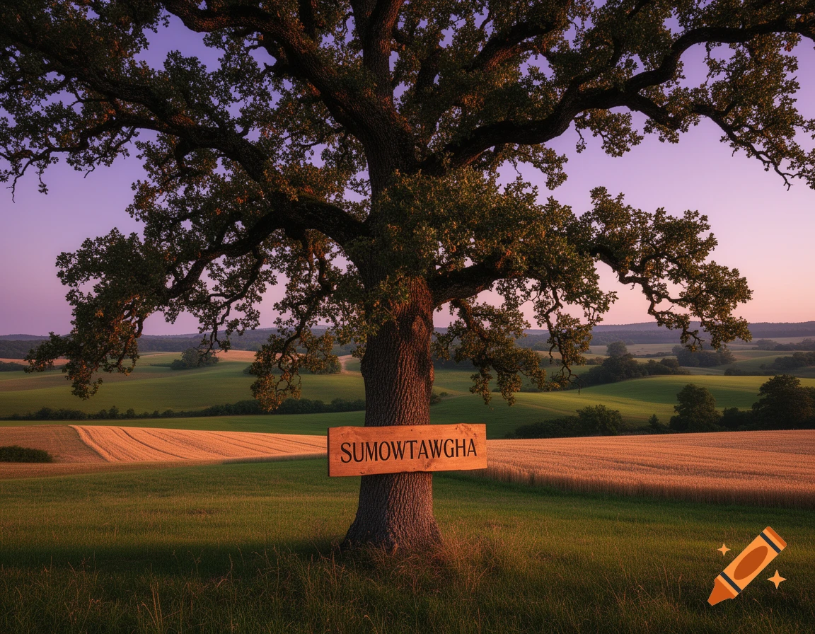 A large oak tree with a sign reading "SUMOWTAWGHA" in a green field with rolling hills and a purple sky at sunset.