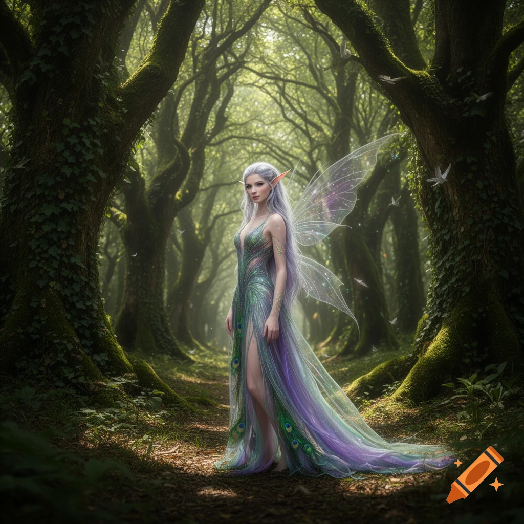 A faerie with long white hair and flowing green and purple gown, standing in a magical forest path. Photorealistic style.