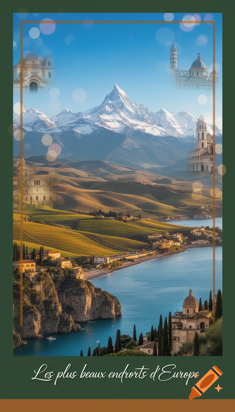 Scenic composite of European landmarks including mountains, coastline, vineyards, and architecture, with text 'Les plus beaux endroits d'Europe'.