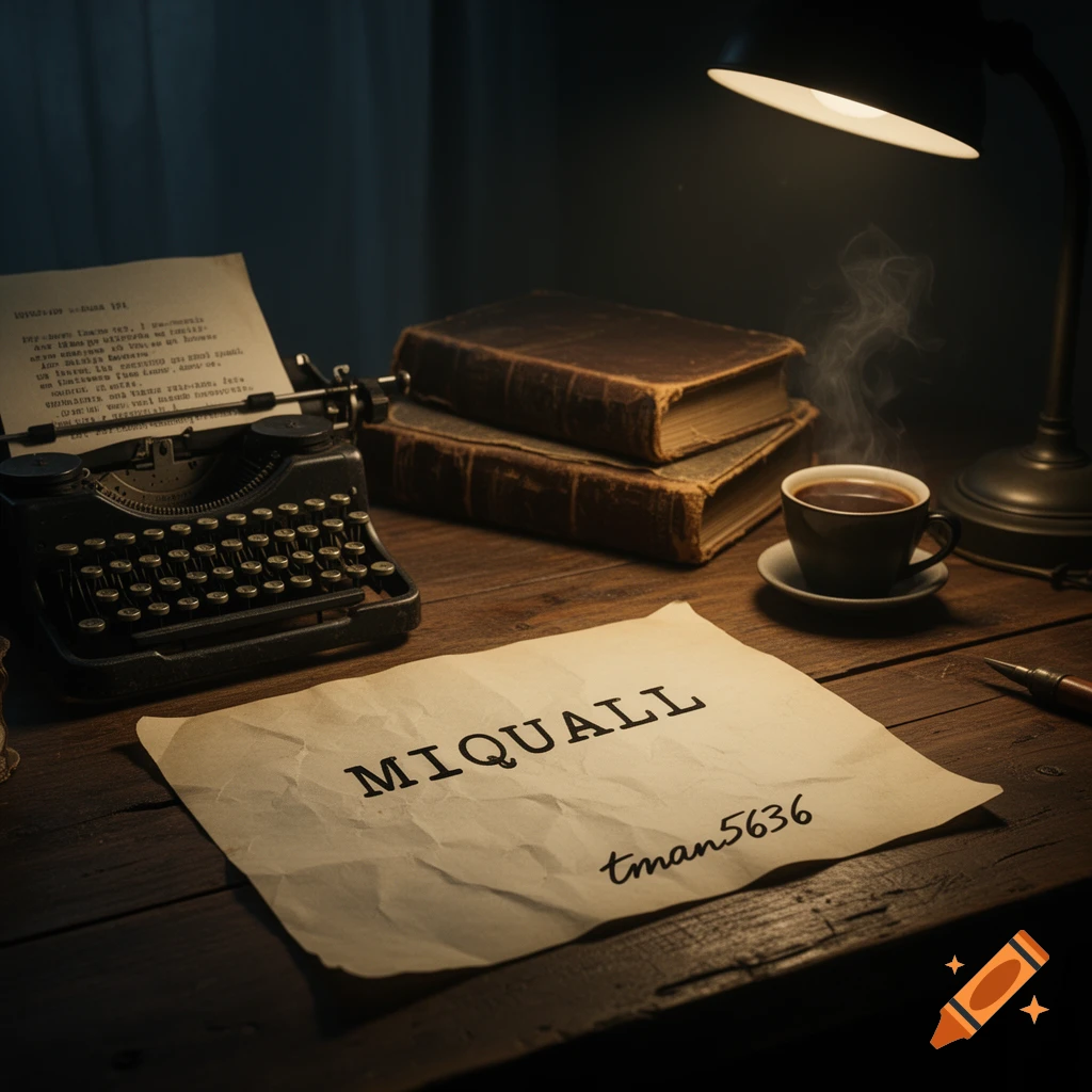 A dimly lit vintage desk with a typewriter, old books, a steaming coffee cup, and papers. One paper reads "MIQUALL tman5636".