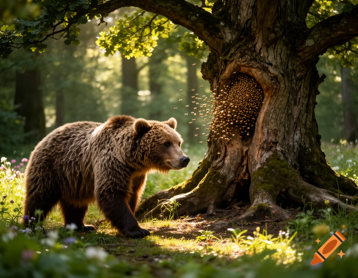 A brown bear stands near a large tree with a beehive inside a sunlit forest.