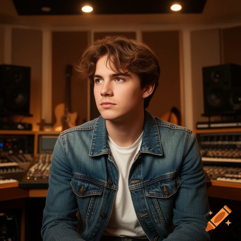 A young man with wavy brown hair and blue eyes, wearing a denim jacket and white t-shirt, sits in a recording studio, looking to the side.