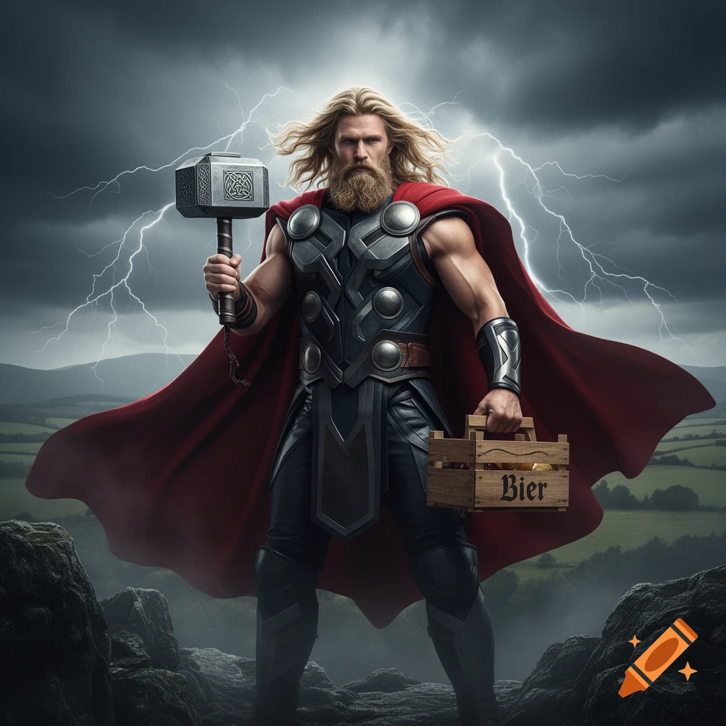 Photorealistic Thor, with a beard and armor, holds Mjolnir and a wooden crate labeled 'Bier' under a stormy sky with lightning over hills.