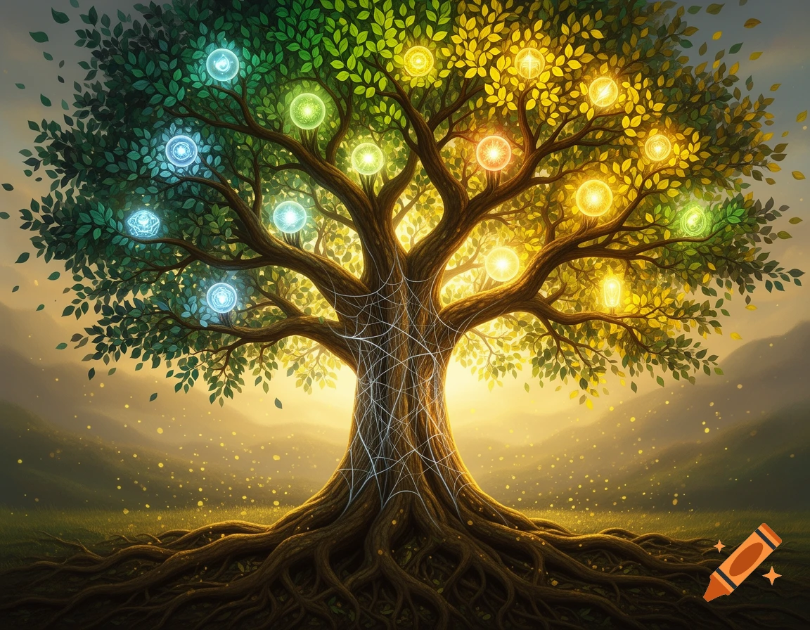 A vibrant fantasy tree with extensive roots, adorned with numerous glowing, multicolored orbs in a magical, sunlit landscape.