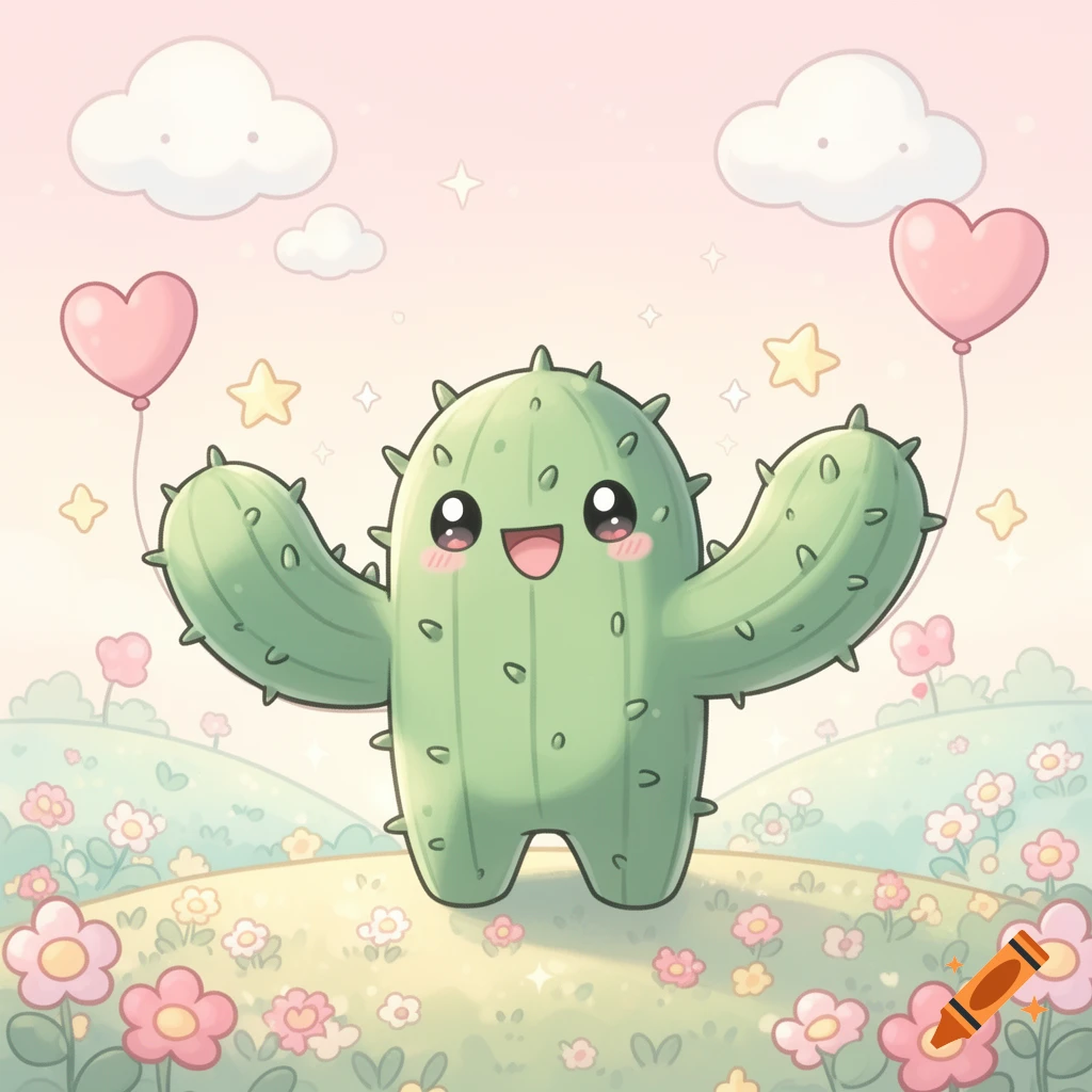 A cute, happy, green cactus character in a kawaii style stands in a field of flowers under a pink sky with heart balloons.