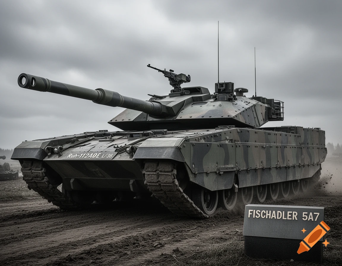 A camouflaged tank with its long barrel pointed left, on a dirt field under a cloudy sky. A sign reads "FISCHADLER 5A7".