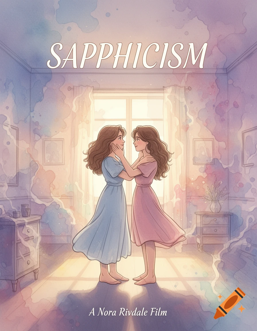A 2D animated film poster with two women embracing in a watercolor-effect room, titled "Sapphicism".