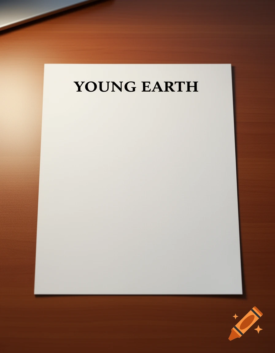 A white piece of paper with the title "YOUNG EARTH" centered at the top, resting on a brown wooden desk.