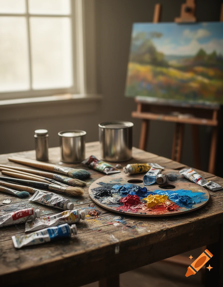 Photorealistic still life of painting supplies on a rustic wooden table, with tubes, brushes, a colorful palette, and an easel with a landscape painting.