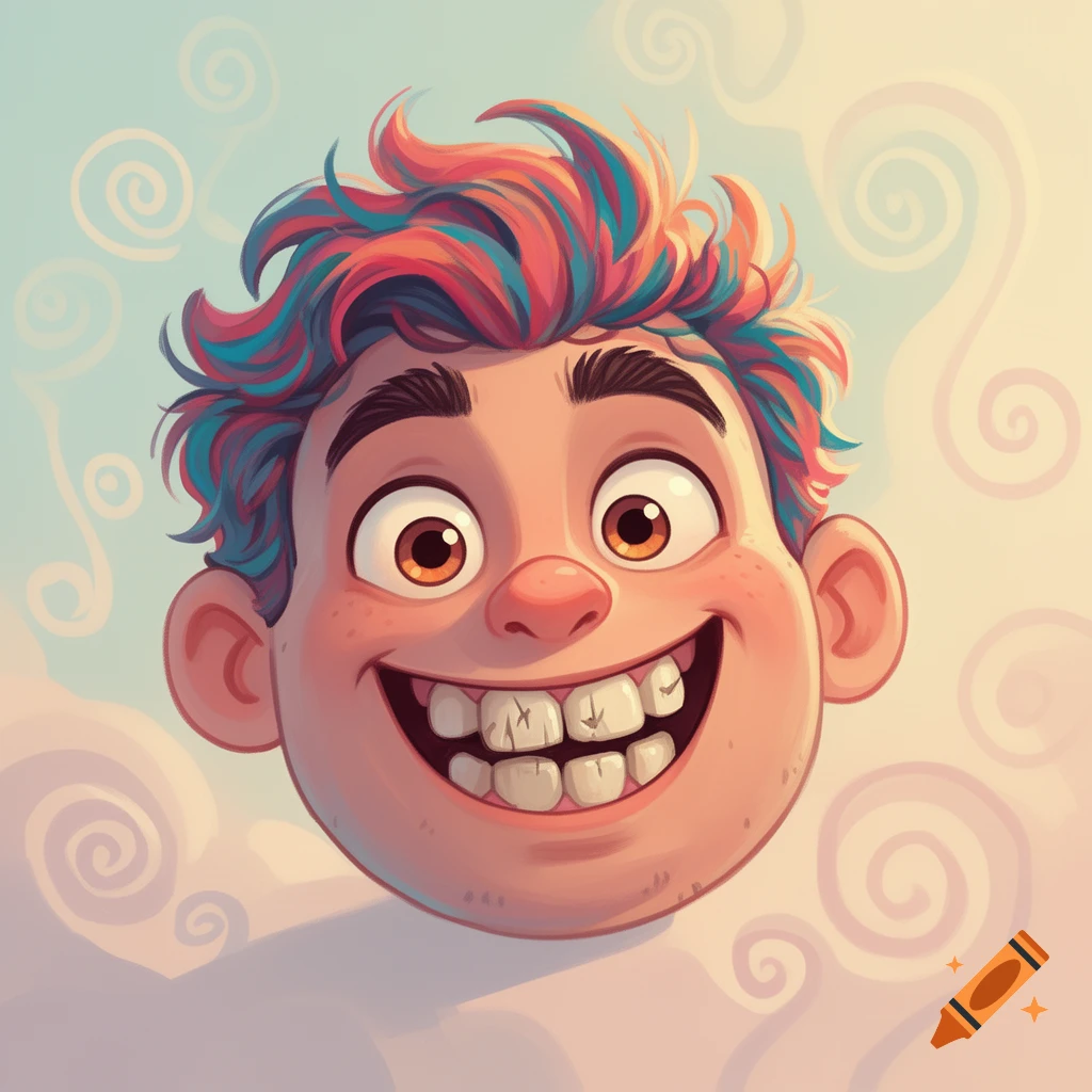 Cartoon head of a goofy grinning boy with big rough teeth and colorful spiky hair against a swirling sky.