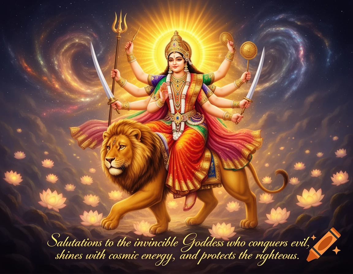 A radiant multi-armed goddess, Durga, rides a majestic lion through a cosmic landscape with glowing lotus flowers.