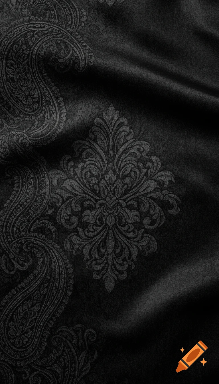 Black silky fabric background with dark grey damask and paisley patterns, featuring subtle folds and reflections.