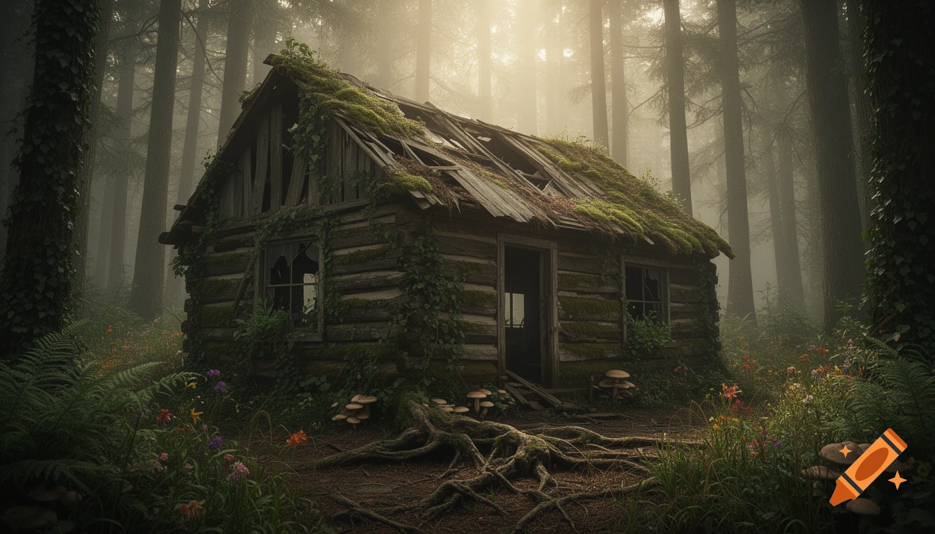 An old, moss-covered log cabin with a broken roof stands deep in a misty, sun-dappled forest, surrounded by ferns and wildflowers.
