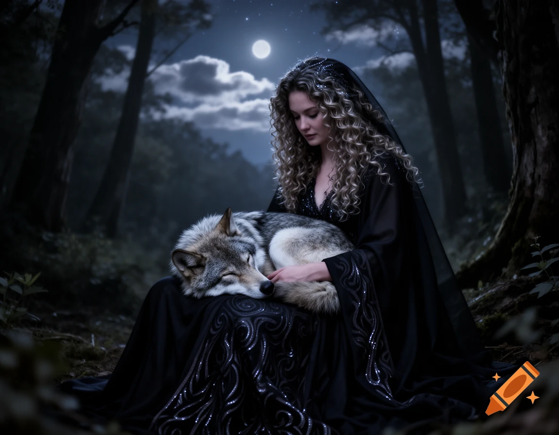 A woman in a dark dress with curly hair cradles a sleeping wolf in her lap in a mystical, moonlit forest.