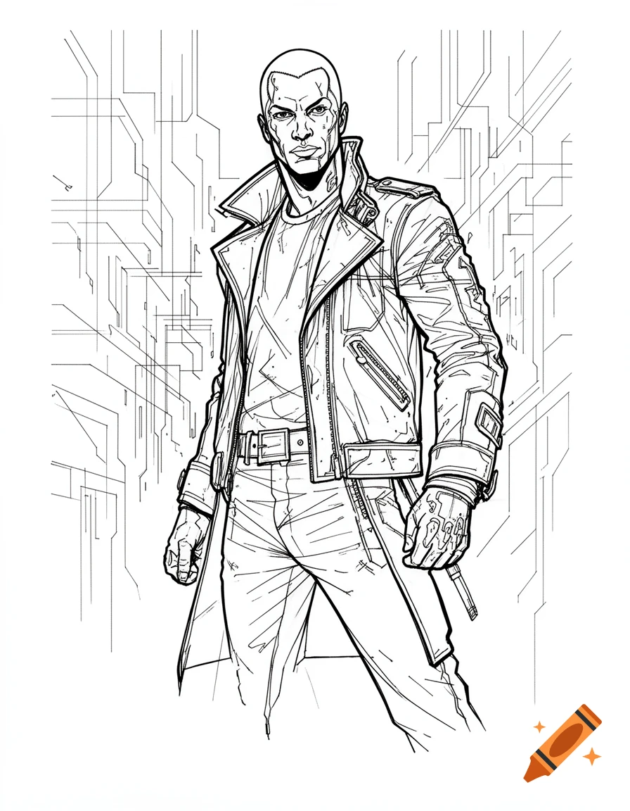 A black and white line drawing of a stern bald man in a leather jacket with a circuit board background.
