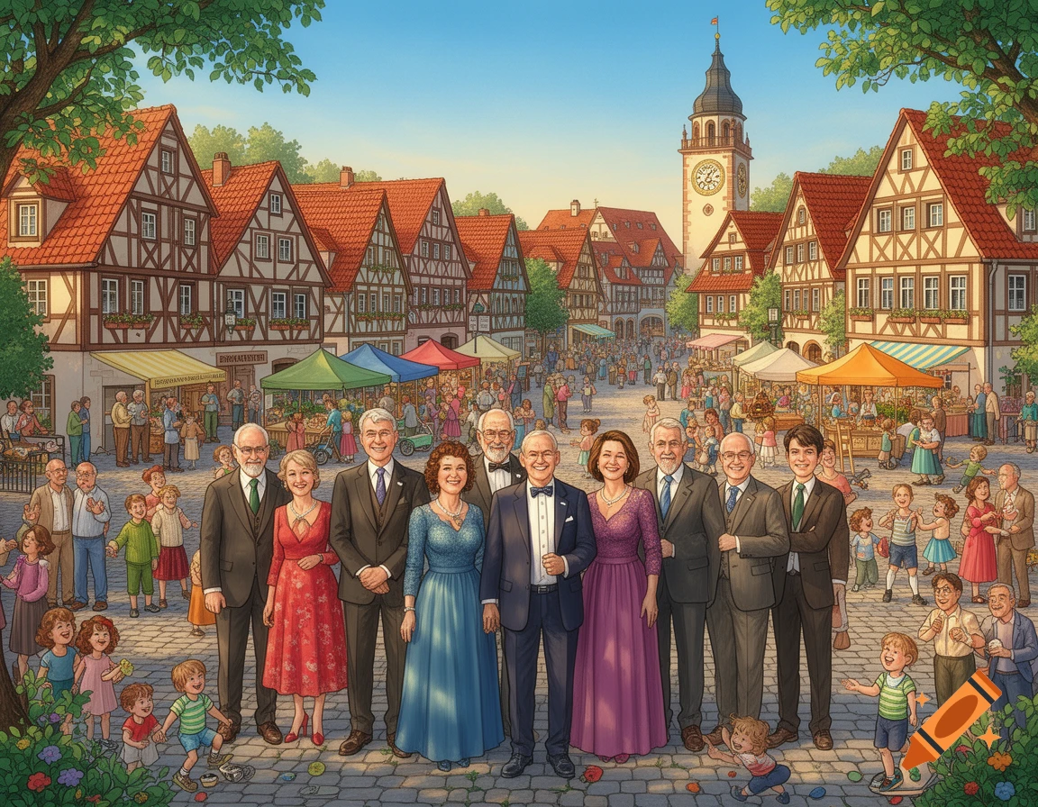 A detailed illustration of a bustling European village market square with timber-framed buildings and a clock tower, featuring a group of elegantly dressed people in the foreground.