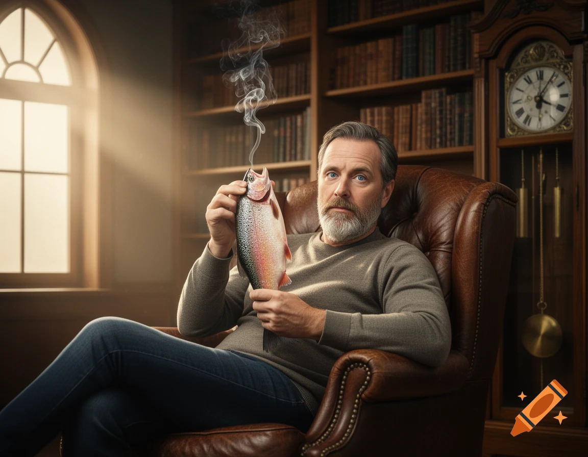 Photorealistic image of a man sitting in an armchair, smoking a salmon fish like a cigar in a sunlit library.