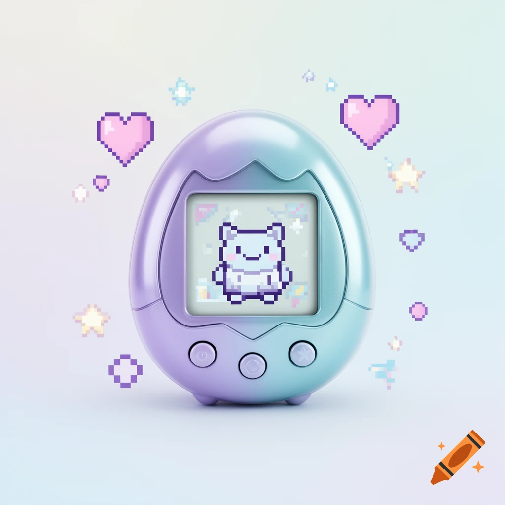 A pastel gradient virtual pet device, like a Tamagotchi, features a pixelated character on its screen, surrounded by floating pixel hearts and stars.