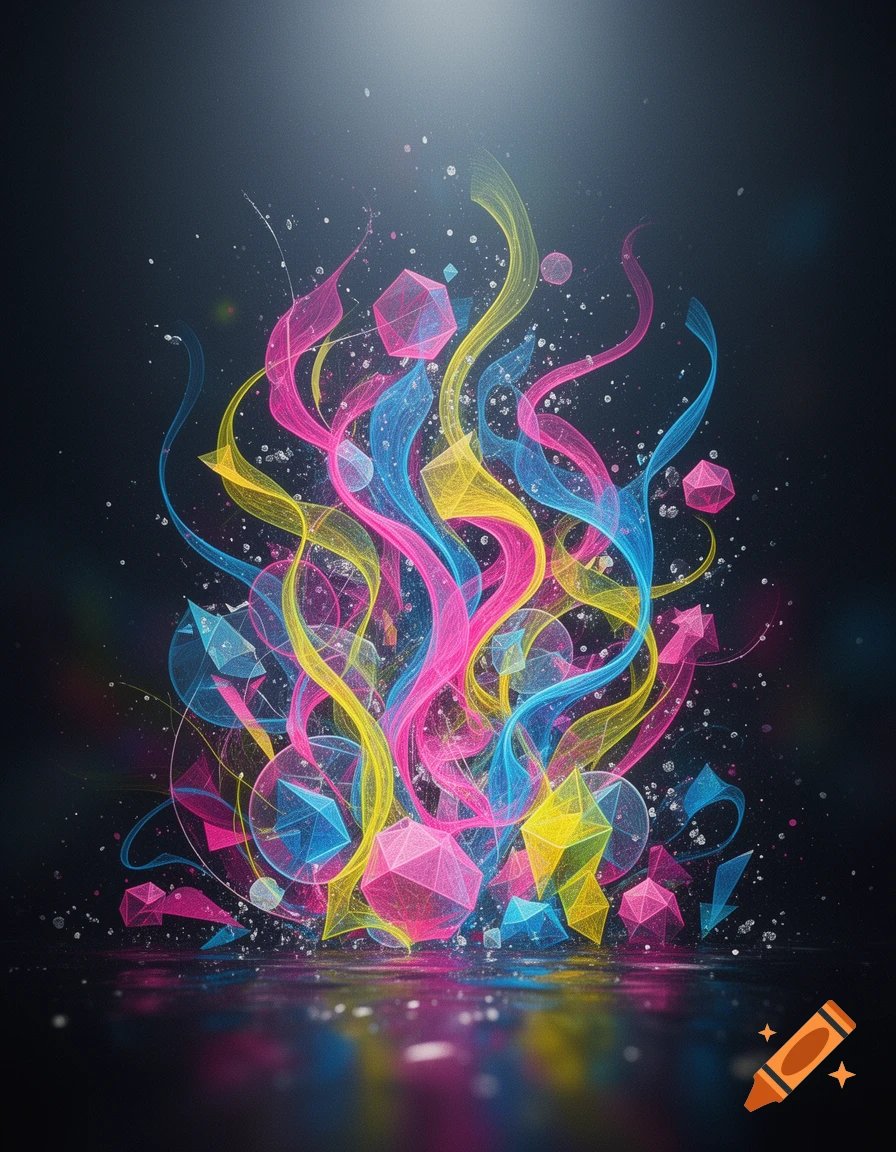 A vibrant burst of neon pink, blue, and yellow abstract ribbons and geometric crystals scattering particles on a dark reflective surface.