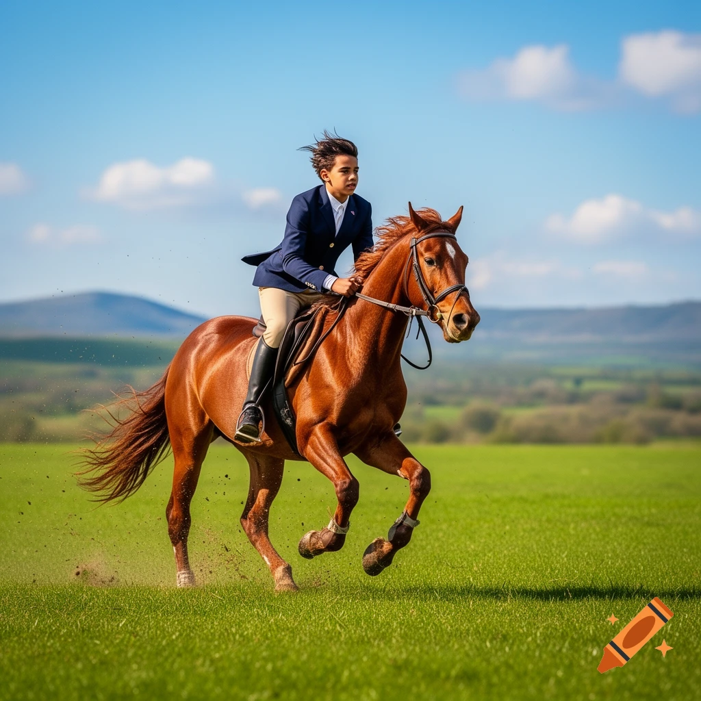 A young rider on a brown horse gallops across a vibrant green field under a clear blue sky.