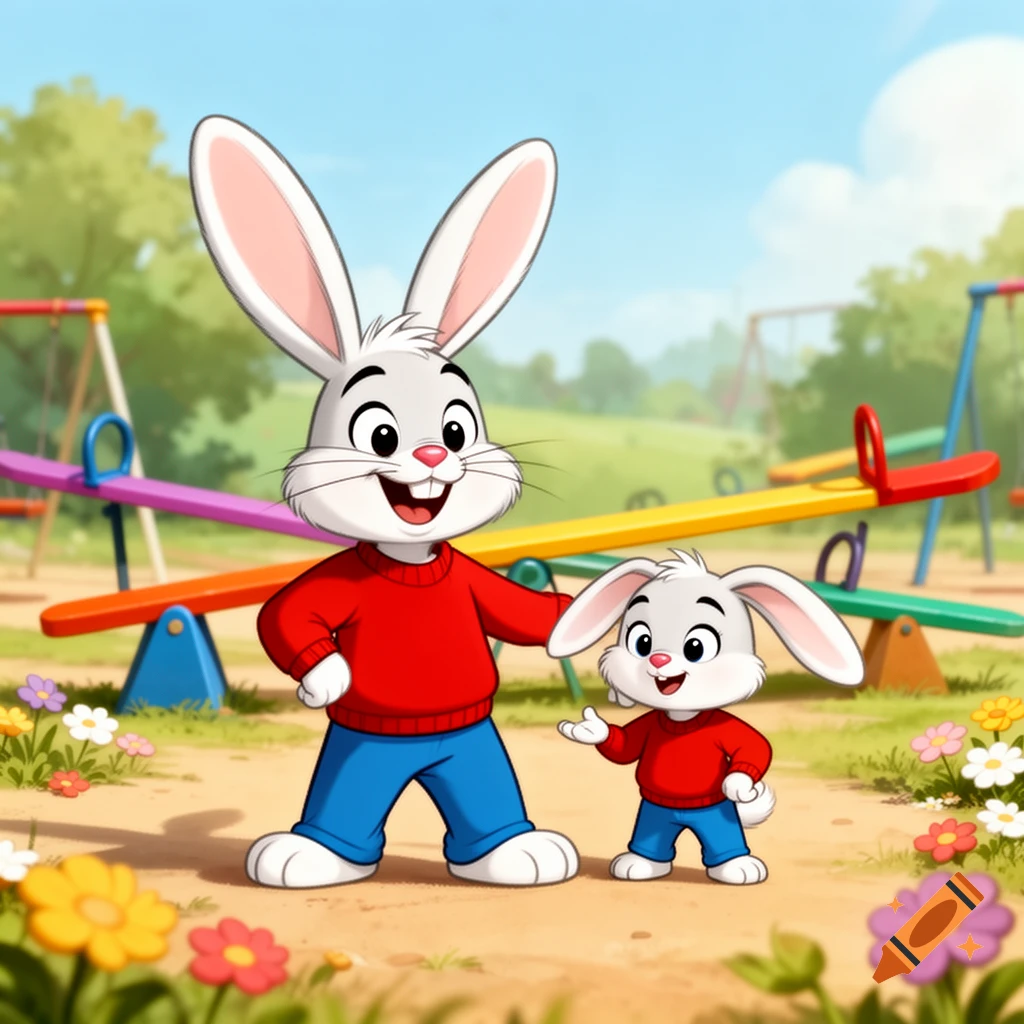 Two smiling cartoon rabbits, one large and one small, stand together in a sunny playground with seesaws and flowers.
