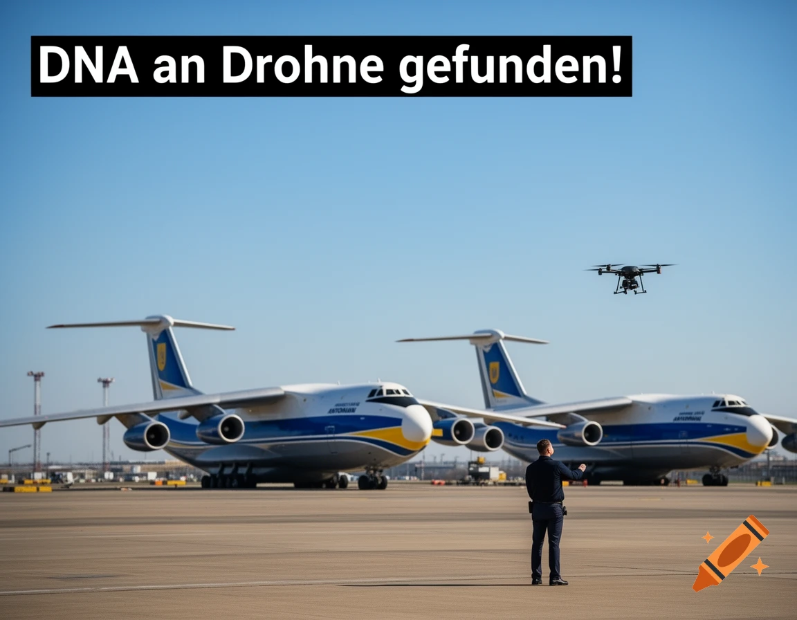 A person operates a drone near two large cargo planes at an airport runway, with the title 'DNA an Drohne gefunden!'.